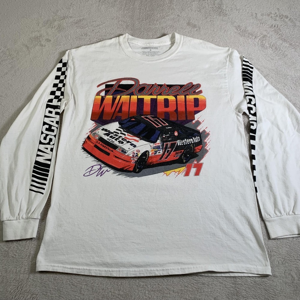 Darrell Waltrip Shirt Mens Medium White Long Sleeve NASCAR Racing Graphic Cars